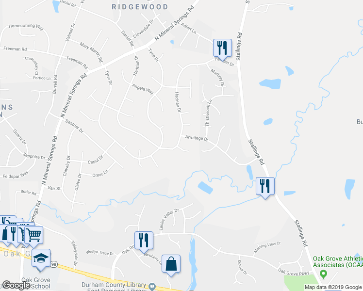 map of restaurants, bars, coffee shops, grocery stores, and more near 1501 Pycroft Court in Durham