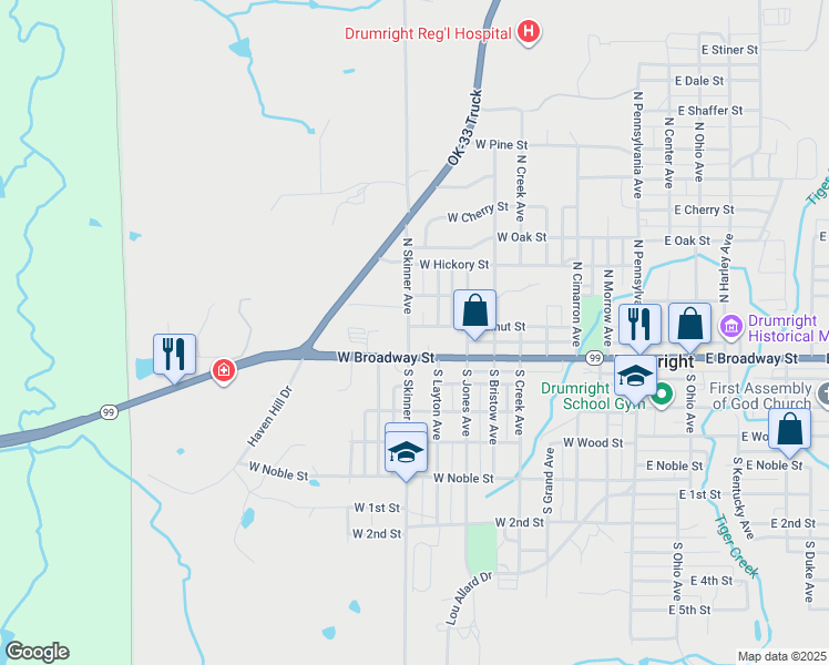 map of restaurants, bars, coffee shops, grocery stores, and more near 817 West Walnut Street in Drumright