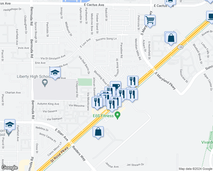 map of restaurants, bars, coffee shops, grocery stores, and more near 897 Blushing Rose Place in Henderson