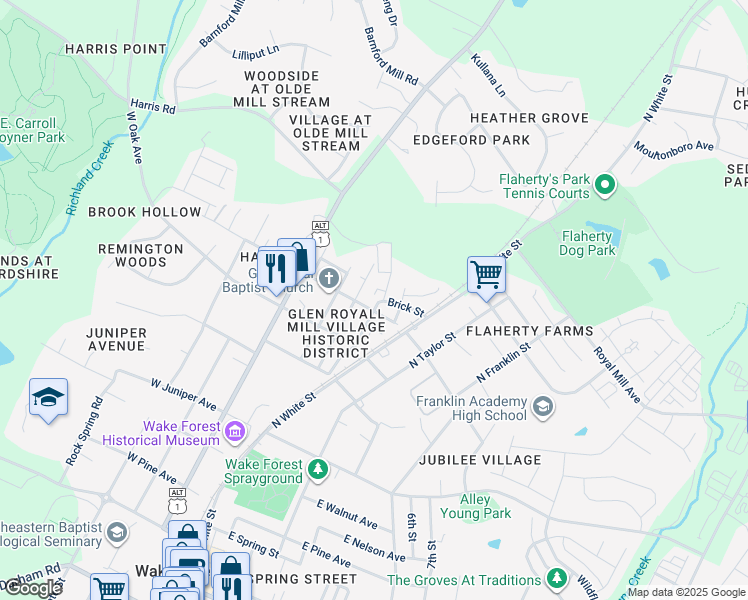 map of restaurants, bars, coffee shops, grocery stores, and more near 811 Brewer Avenue in Wake Forest
