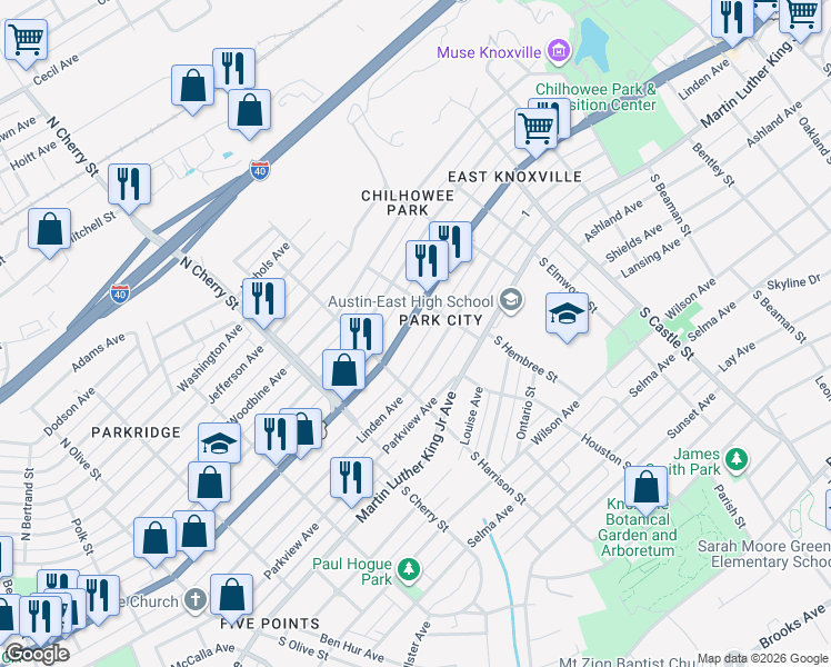 map of restaurants, bars, coffee shops, grocery stores, and more near 2730 East Magnolia Avenue in Knoxville