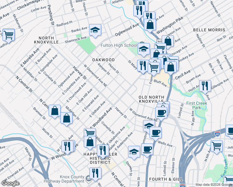 map of restaurants, bars, coffee shops, grocery stores, and more near 701 East Oldham Avenue in Knoxville