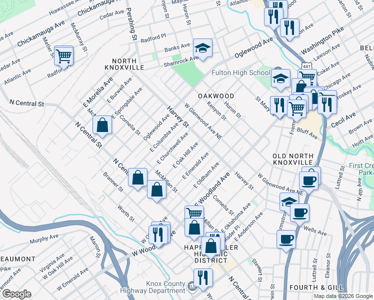 map of restaurants, bars, coffee shops, grocery stores, and more near 320 East Churchwell Avenue in Knoxville