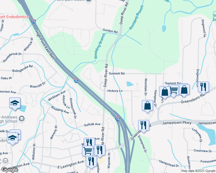 map of restaurants, bars, coffee shops, grocery stores, and more near 1500 Deep River Road in High Point