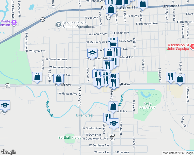 map of restaurants, bars, coffee shops, grocery stores, and more near 710 South Poplar Street in Sapulpa