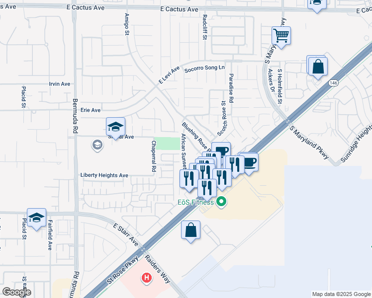 map of restaurants, bars, coffee shops, grocery stores, and more near 11025 African Sunset Street in Henderson