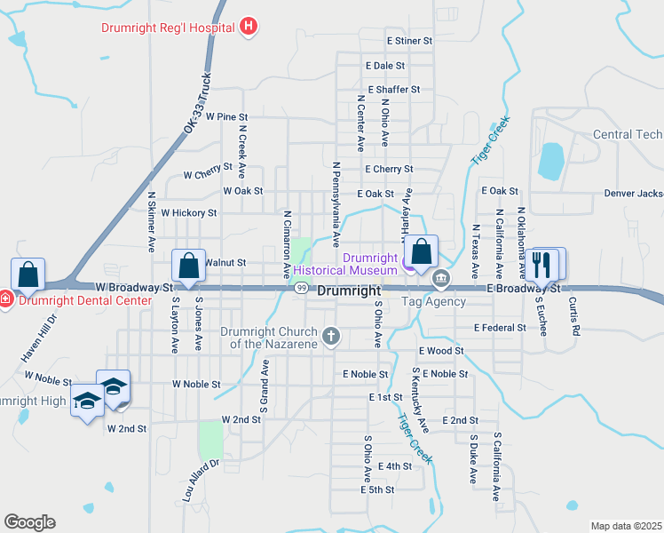 map of restaurants, bars, coffee shops, grocery stores, and more near 115 North Pennsylvania Avenue in Drumright