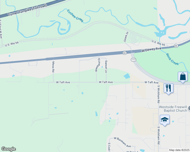 map of restaurants, bars, coffee shops, grocery stores, and more near 107 Westland Drive in Sapulpa