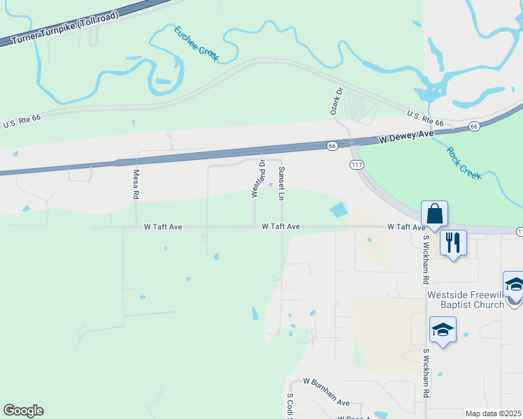 map of restaurants, bars, coffee shops, grocery stores, and more near 107 Westland Dr in Sapulpa