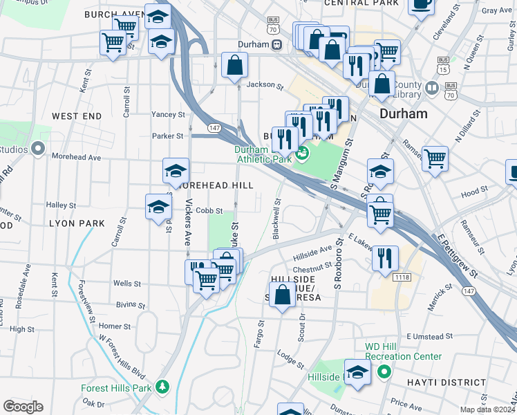 map of restaurants, bars, coffee shops, grocery stores, and more near 771 Willard Street in Durham