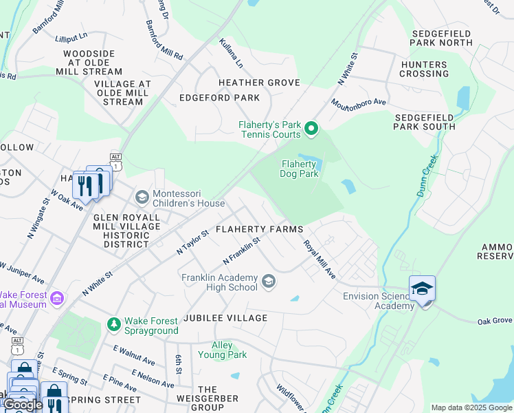 map of restaurants, bars, coffee shops, grocery stores, and more near 508 Rookwood Court in Wake Forest