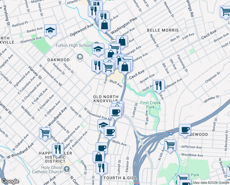 map of restaurants, bars, coffee shops, grocery stores, and more near 1412 Armstrong Avenue in Knoxville