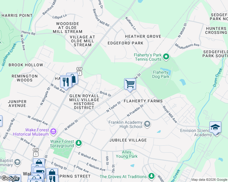 map of restaurants, bars, coffee shops, grocery stores, and more near 77 Hill Street in Wake Forest