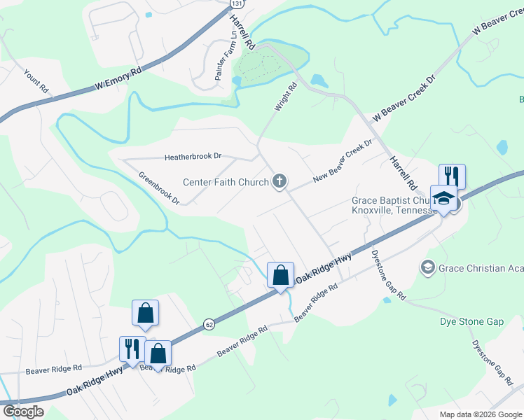 map of restaurants, bars, coffee shops, grocery stores, and more near 6729 Maple Creek Way in Knoxville