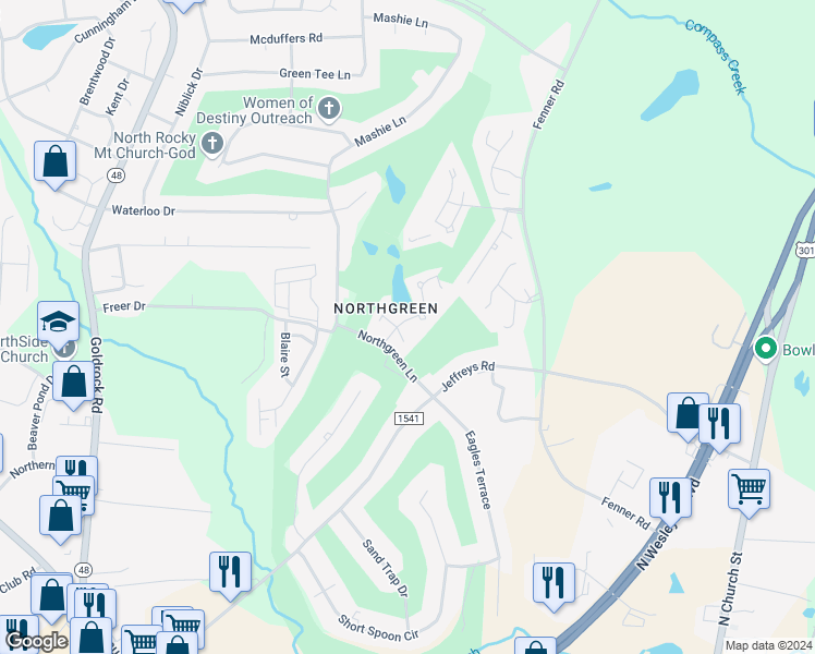 map of restaurants, bars, coffee shops, grocery stores, and more near 101 Spinnaker Cove in Rocky Mount