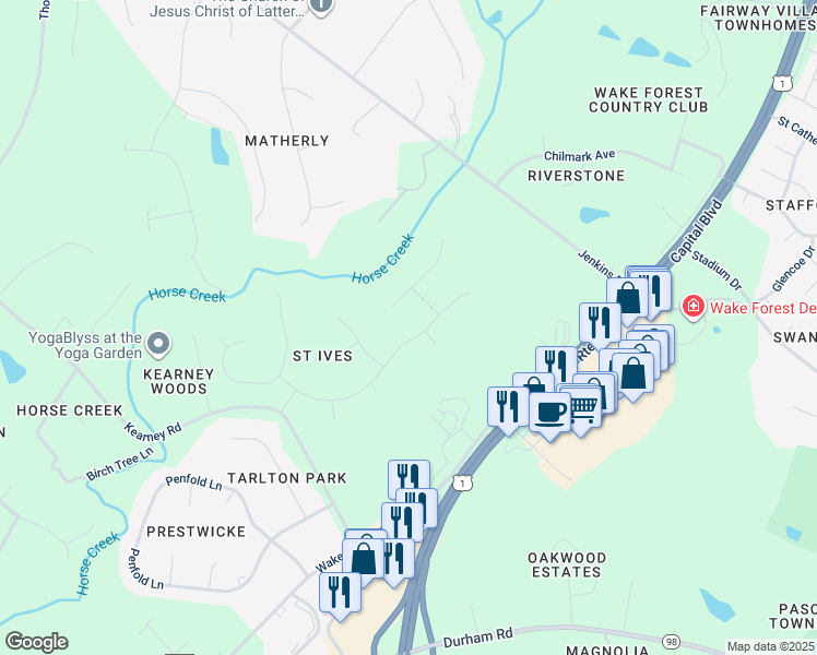 map of restaurants, bars, coffee shops, grocery stores, and more near 308 Capellan Street in Wake Forest