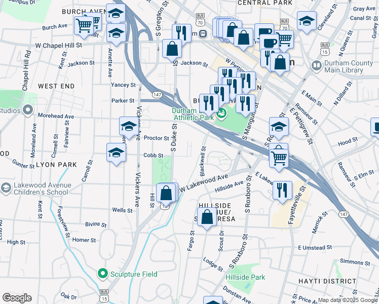 map of restaurants, bars, coffee shops, grocery stores, and more near 769 Willard Street in Durham