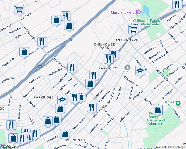 map of restaurants, bars, coffee shops, grocery stores, and more near 2701 East 5th Avenue in Knoxville