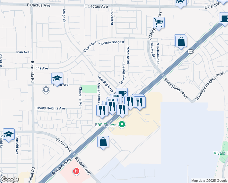 map of restaurants, bars, coffee shops, grocery stores, and more near 908 Blushing Rose Place in Henderson