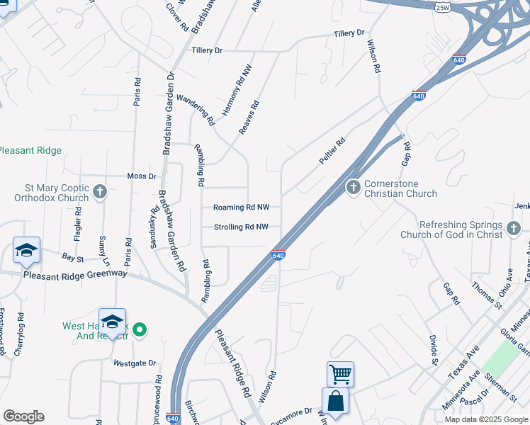map of restaurants, bars, coffee shops, grocery stores, and more near 4216 Roaming Road Northwest in Knoxville