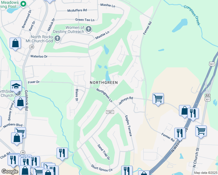 map of restaurants, bars, coffee shops, grocery stores, and more near 101 Spinnaker Cove in Rocky Mount