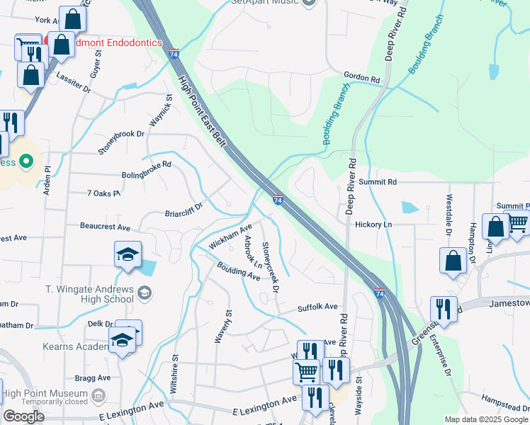 map of restaurants, bars, coffee shops, grocery stores, and more near 2103 Wickham Avenue in High Point