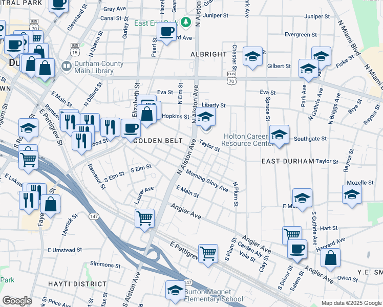 map of restaurants, bars, coffee shops, grocery stores, and more near 1203 Franklin Street in Durham
