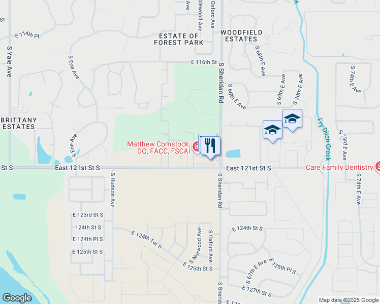map of restaurants, bars, coffee shops, grocery stores, and more near 11923 South Lakewood Avenue in Tulsa