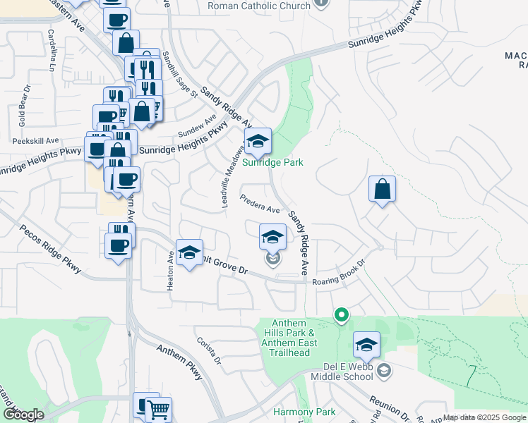 map of restaurants, bars, coffee shops, grocery stores, and more near 2411 Predera Avenue in Henderson