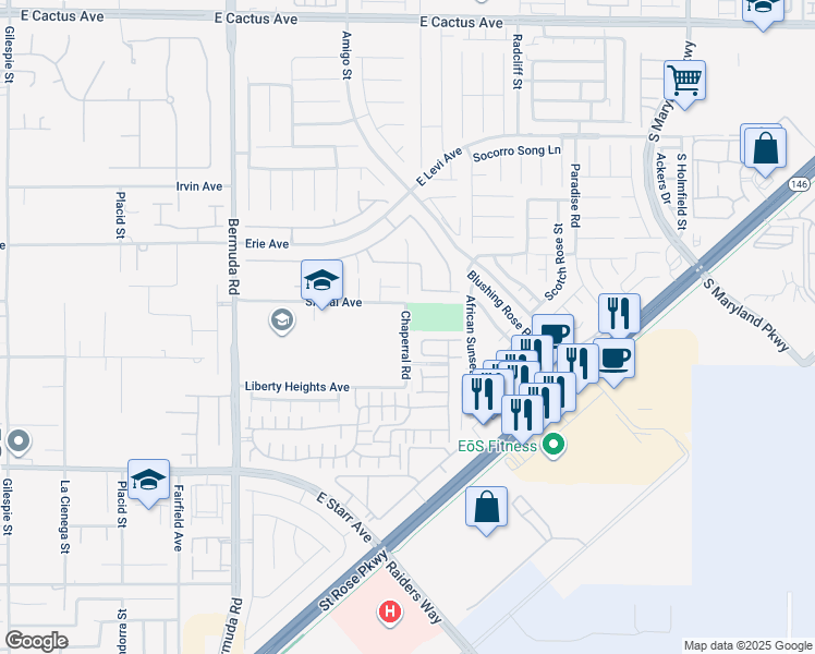 map of restaurants, bars, coffee shops, grocery stores, and more near 1050 South Chaparral Road in Henderson