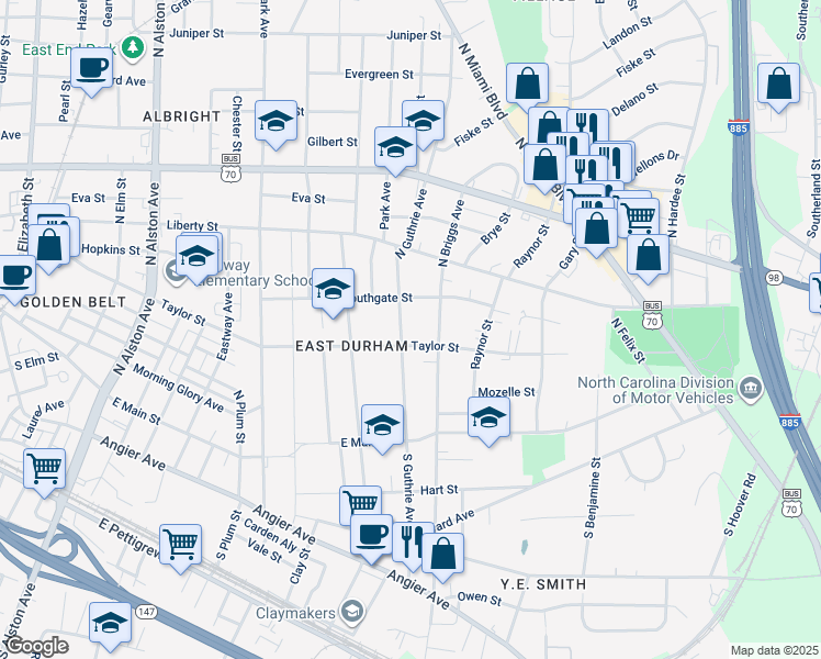 map of restaurants, bars, coffee shops, grocery stores, and more near 410 North Guthrie Avenue in Durham