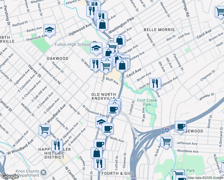 map of restaurants, bars, coffee shops, grocery stores, and more near 1412 Armstrong Avenue in Knoxville