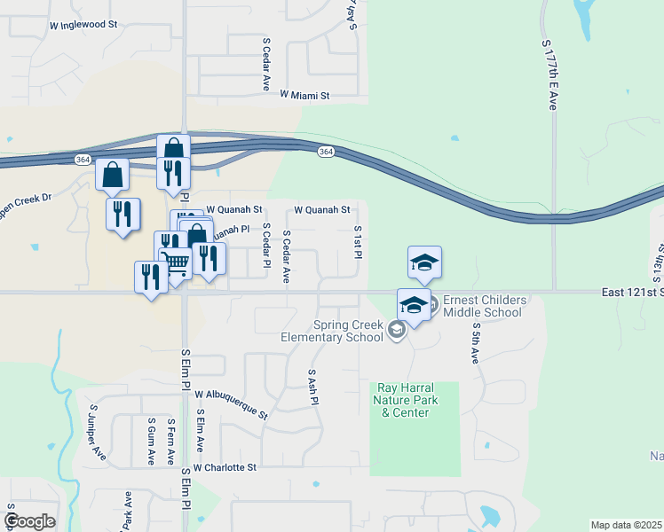 map of restaurants, bars, coffee shops, grocery stores, and more near 6320 South Ash Avenue in Broken Arrow