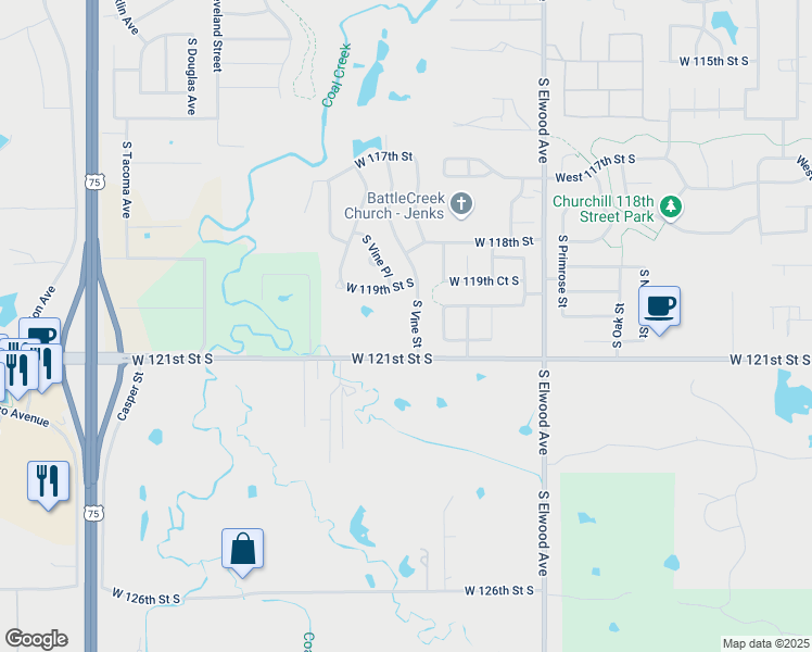 map of restaurants, bars, coffee shops, grocery stores, and more near 12004 South Vine Street in Jenks