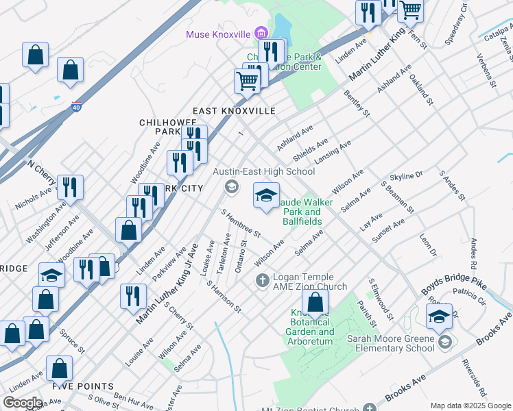 map of restaurants, bars, coffee shops, grocery stores, and more near 2800 Martin Luther King Junior Avenue in Knoxville