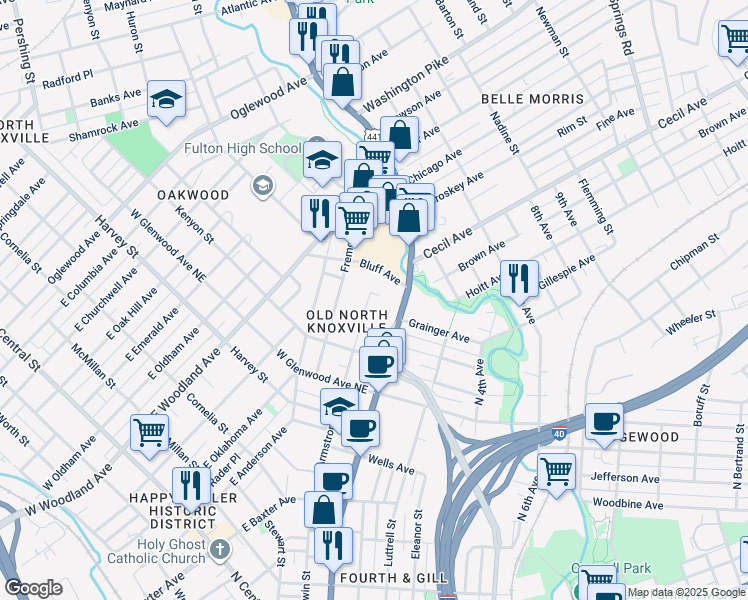 map of restaurants, bars, coffee shops, grocery stores, and more near 1412 Armstrong Avenue in Knoxville