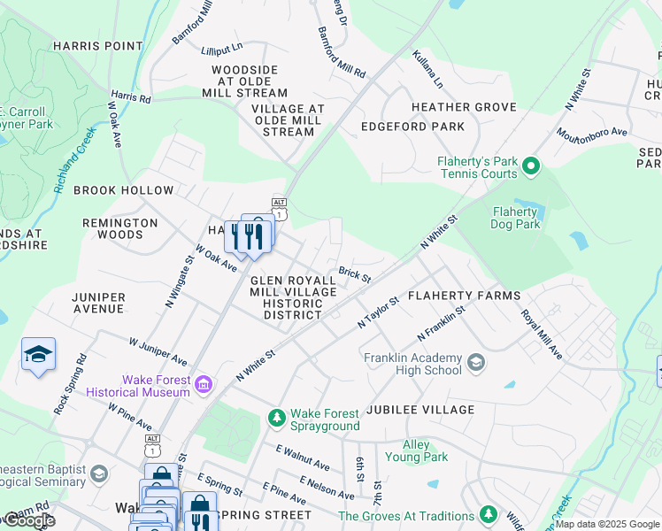 map of restaurants, bars, coffee shops, grocery stores, and more near 811 Brewer Avenue in Wake Forest