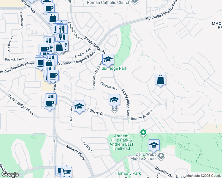 map of restaurants, bars, coffee shops, grocery stores, and more near 2411 Predera Avenue in Henderson