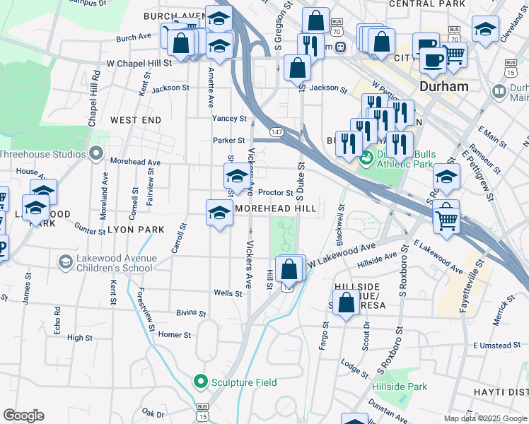 map of restaurants, bars, coffee shops, grocery stores, and more near 702 Cobb Street in Durham