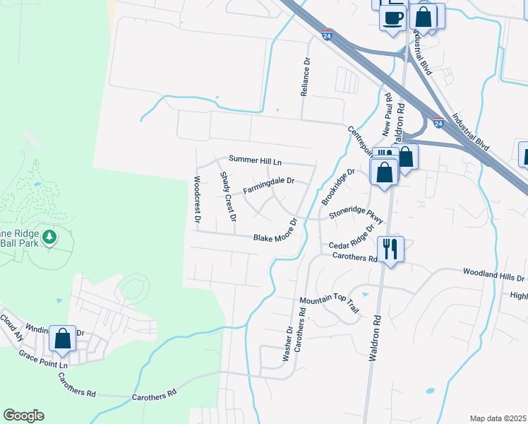 map of restaurants, bars, coffee shops, grocery stores, and more near 601 Pleasant Hill Drive in La Vergne