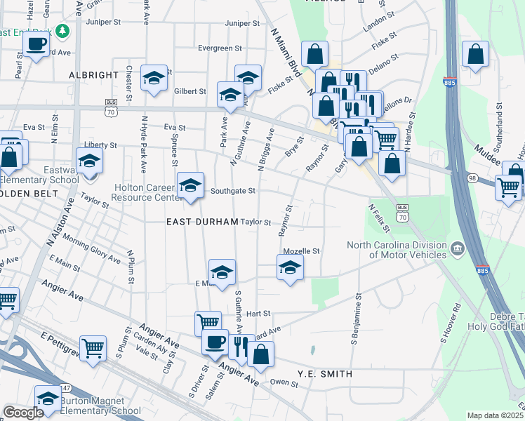 map of restaurants, bars, coffee shops, grocery stores, and more near 306 North Briggs Avenue in Durham