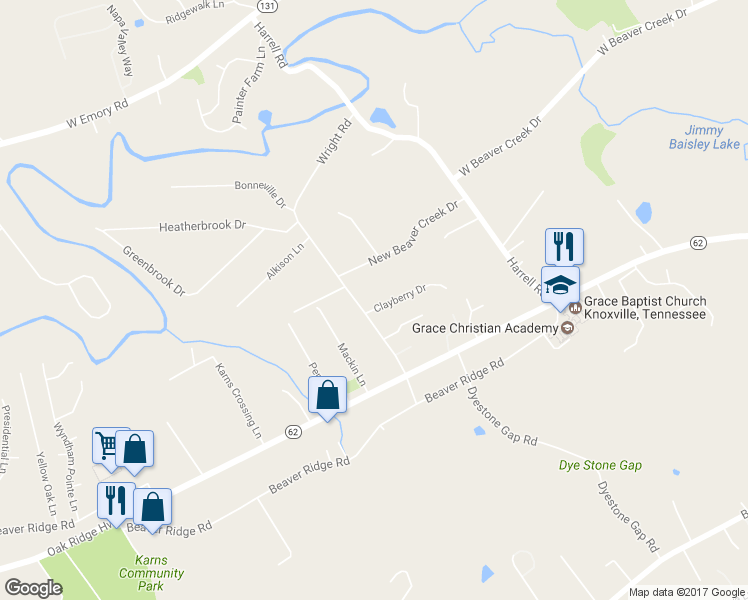 map of restaurants, bars, coffee shops, grocery stores, and more near 6125 Clayberry Drive in Knoxville