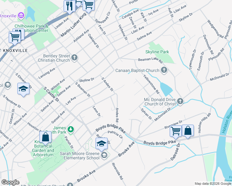 map of restaurants, bars, coffee shops, grocery stores, and more near 1000 South Andes Street in Knoxville
