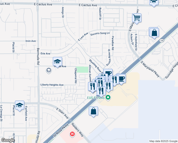map of restaurants, bars, coffee shops, grocery stores, and more near 11025 African Sunset Street in Henderson