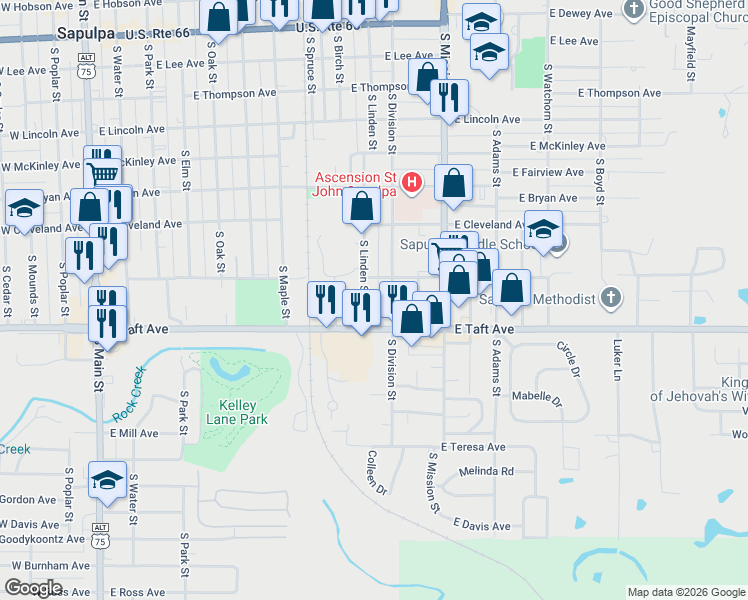 map of restaurants, bars, coffee shops, grocery stores, and more near 717 S Linden St in Sapulpa