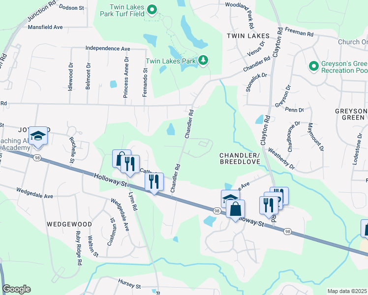 map of restaurants, bars, coffee shops, grocery stores, and more near 306 Chandler Road in Durham