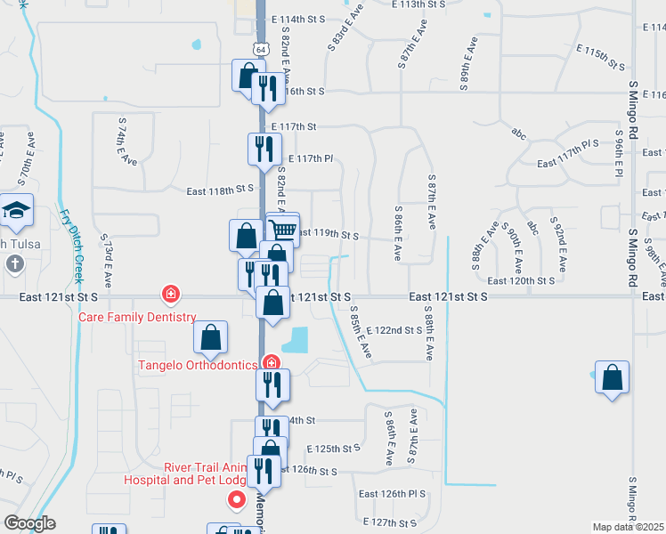 map of restaurants, bars, coffee shops, grocery stores, and more near 11927 83rd East Place in Bixby