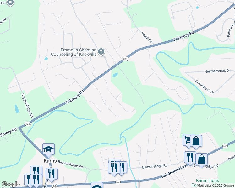 map of restaurants, bars, coffee shops, grocery stores, and more near 7541 Copper Lantern Drive in Knoxville