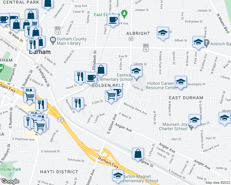 map of restaurants, bars, coffee shops, grocery stores, and more near 1101 Worth Street in Durham