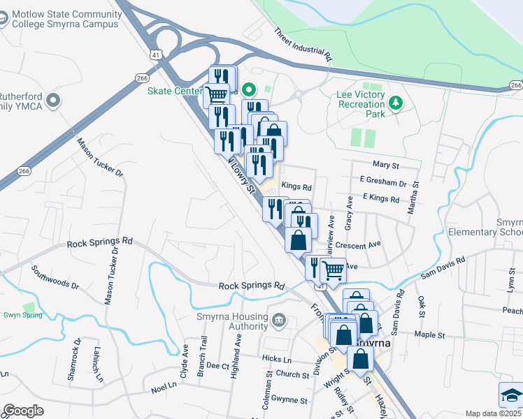 map of restaurants, bars, coffee shops, grocery stores, and more near 204 North Lowry Street in Smyrna
